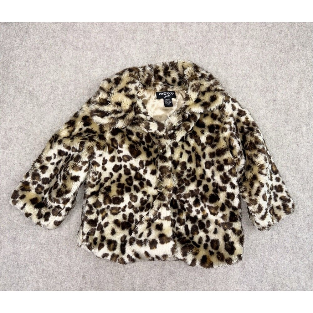 XOXO Girls 2T Leopard Print Faux Fur Long Sleeve Pea Coat